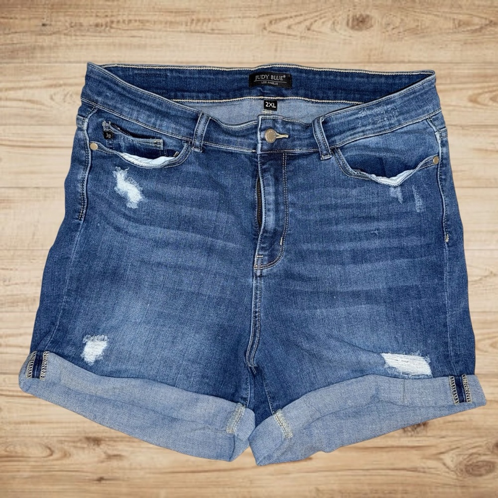 Judy Blue Mid Wash Distressed Rolled Cuff Jean Shorts